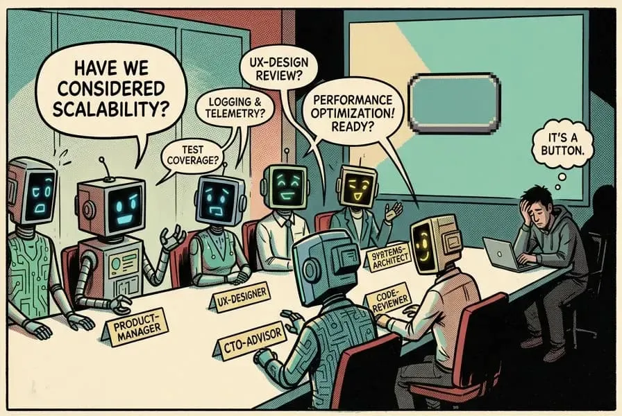 Comic strip: the same meeting room, but the participants are AI agents with name placards reading product-manager, ux-designer, cto-advisor, systems-architect and code-reviewer, asking about scalability, test coverage, logging and performance. The lone human, head in hand, thinks “It’s a button.”