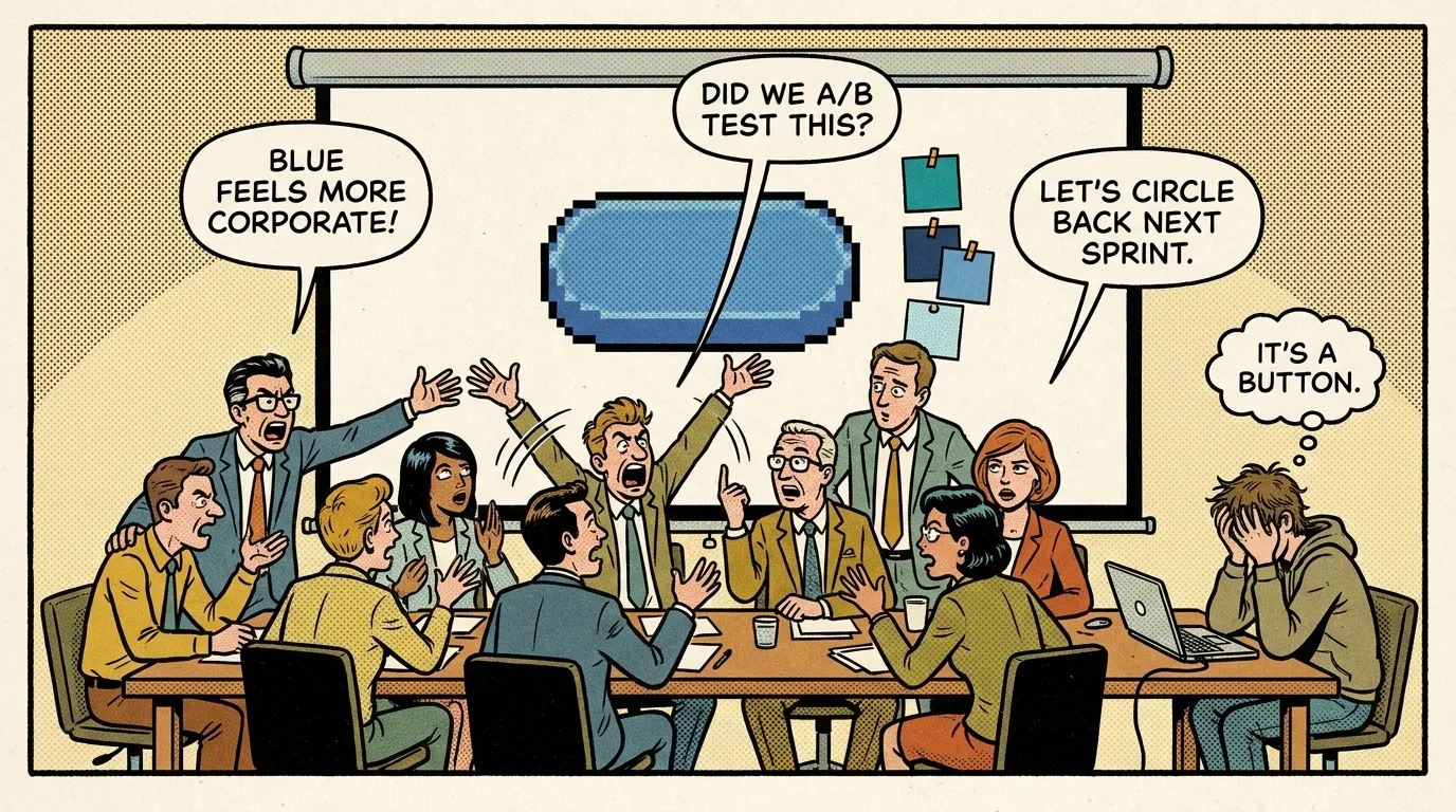 Comic strip: ten people crowded around a conference table arguing over the colour of a single UI button on the projector screen, while one exhausted developer thinks “It’s a button.”